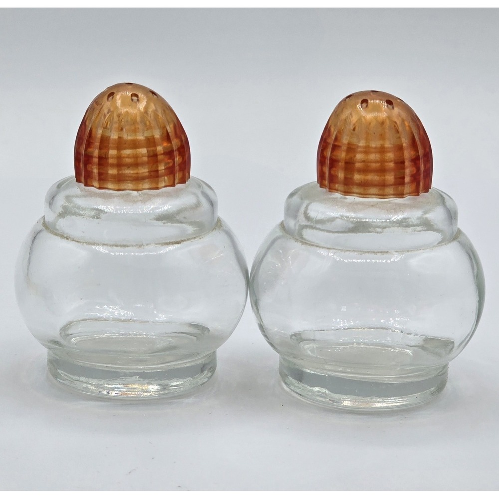 Vintage 1950s Midcentury Table Salt & Pepper Shakers Clear Glass, Red Orange Top